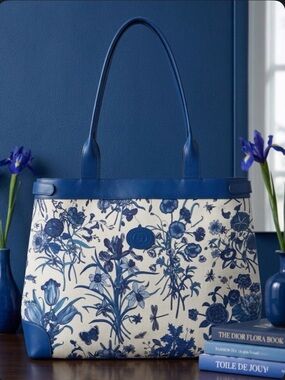 Gucci Blue Floral Canvas Tote with Blue Leather Trim